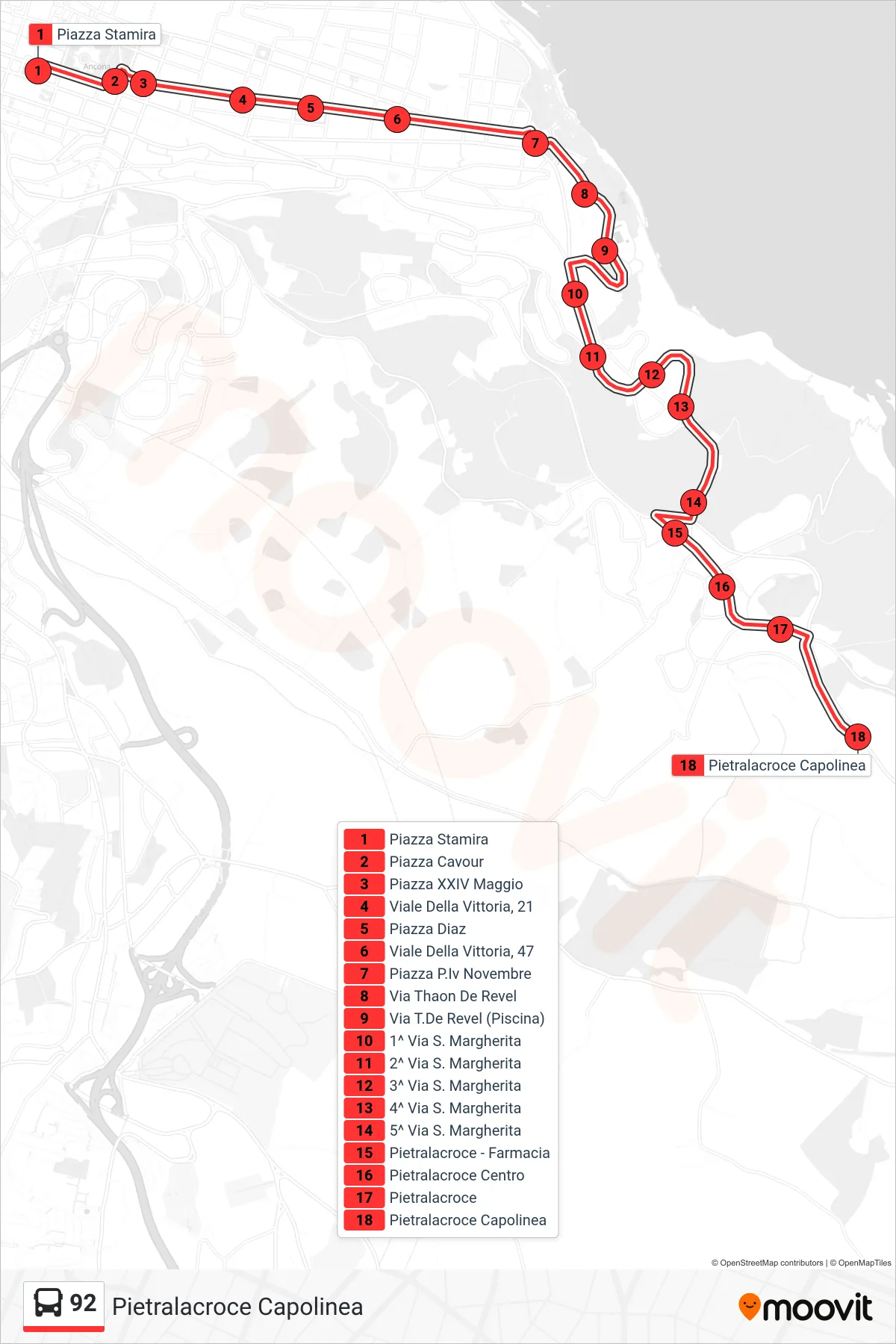 Linea 92 bus (Pietralacroce Capolinea) - Percorsi e fermate sulla mappa