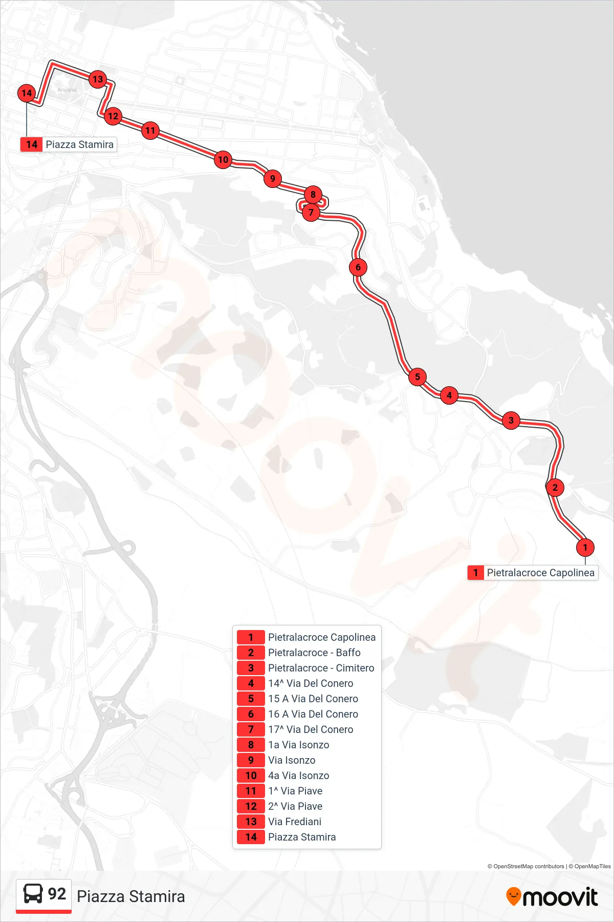 Linea 92 bus (Piazza Stamira) - Percorsi e fermate sulla mappa