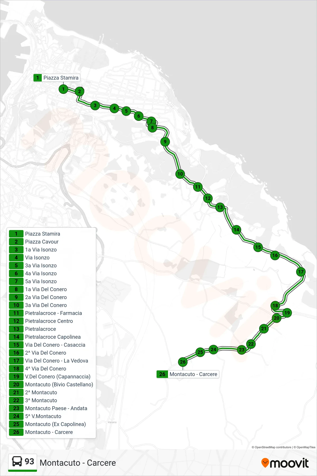 Linea 93 bus (Montacuto - Carcere) - Percorsi e fermate sulla mappa