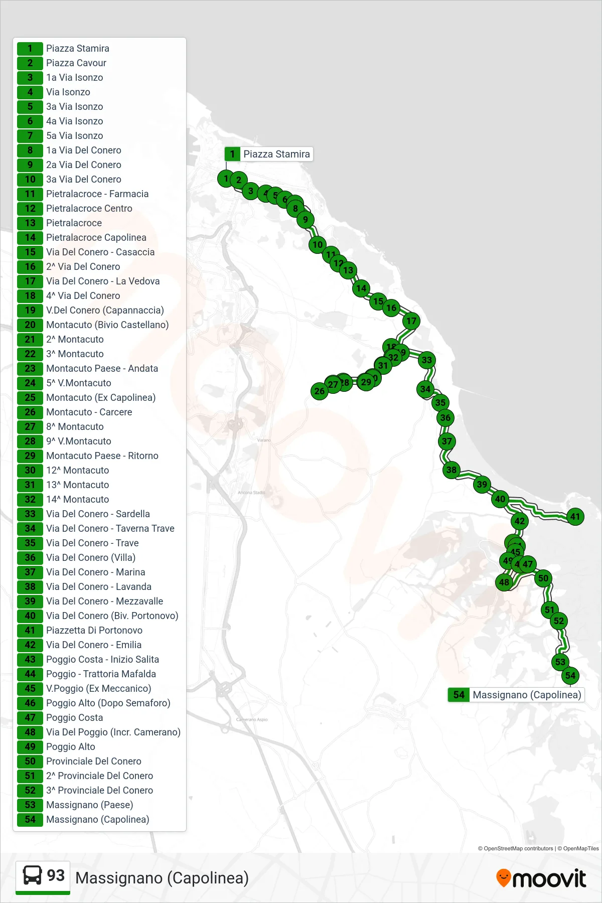 Linea 93  bus (Massignano (Capolinea)) - Percorsi e fermate sulla mappa