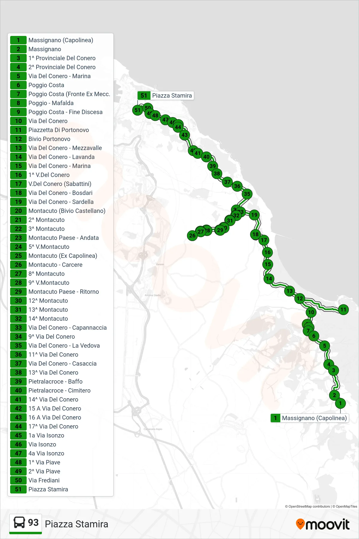 Linea 93  bus (Piazza Stamira) - Percorsi e fermate sulla mappa