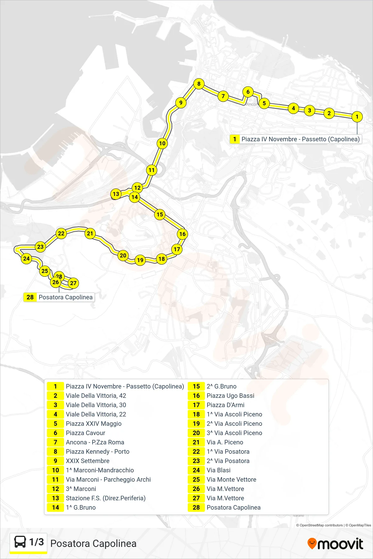 Linea 1/3 bus (Posatora Capolinea) - Percorsi e fermate sulla mappa