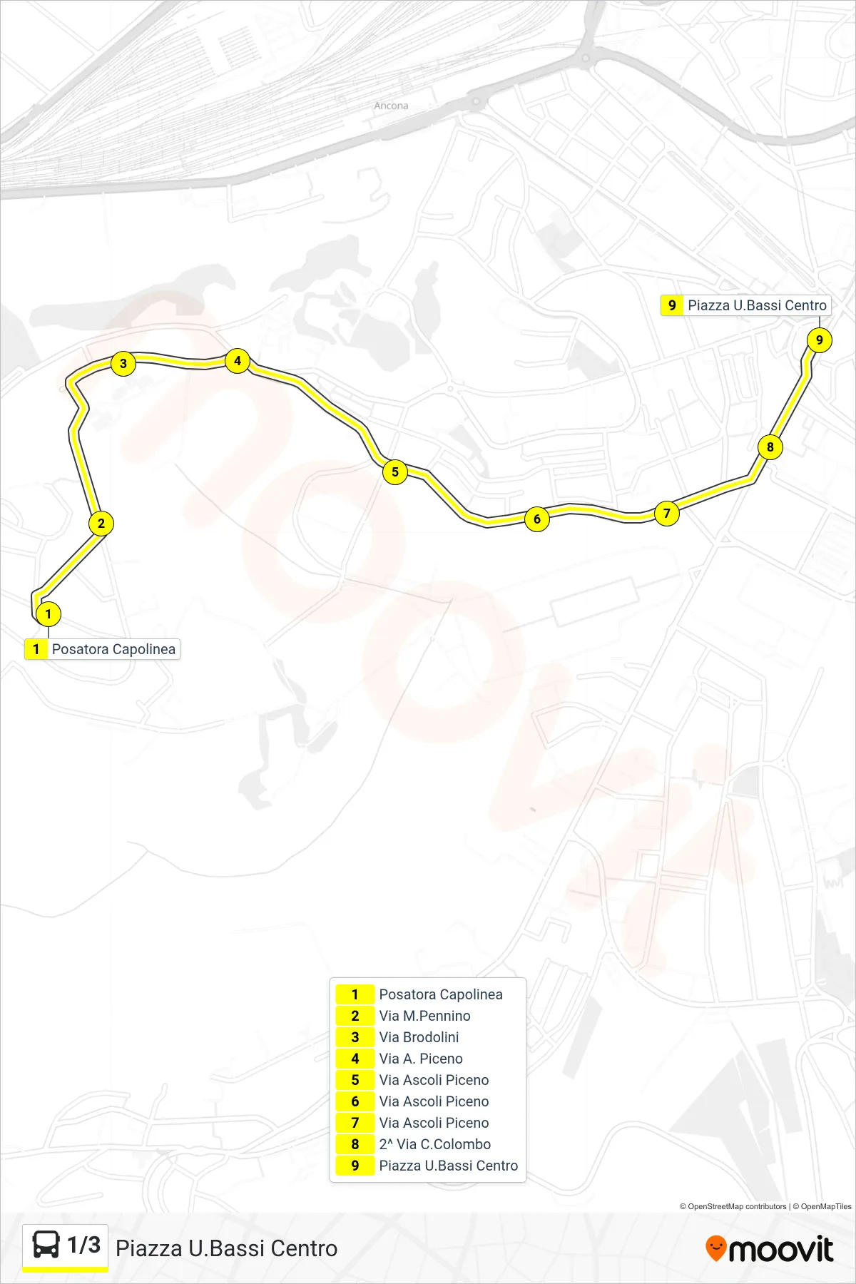 Linea 1/3 bus (Piazza U.Bassi Centro) - Percorsi e fermate sulla mappa