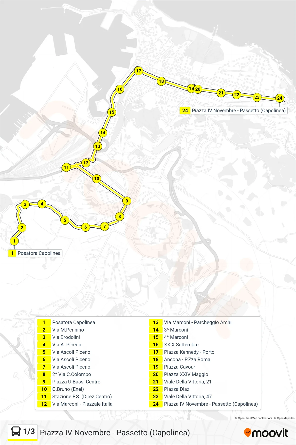 Linea 1/3 bus (Piazza IV Novembre - Passetto (Capolinea)) - Percorsi e fermate sulla mappa