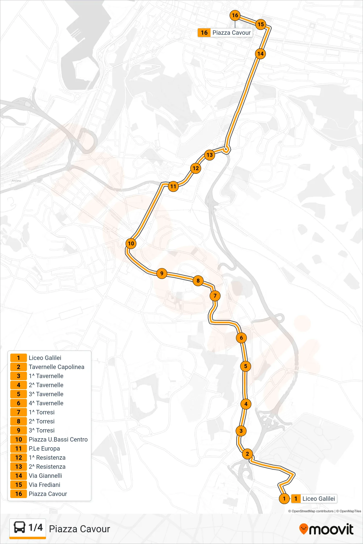 Linea 1/4  bus (Piazza Cavour) - Percorsi e fermate sulla mappa