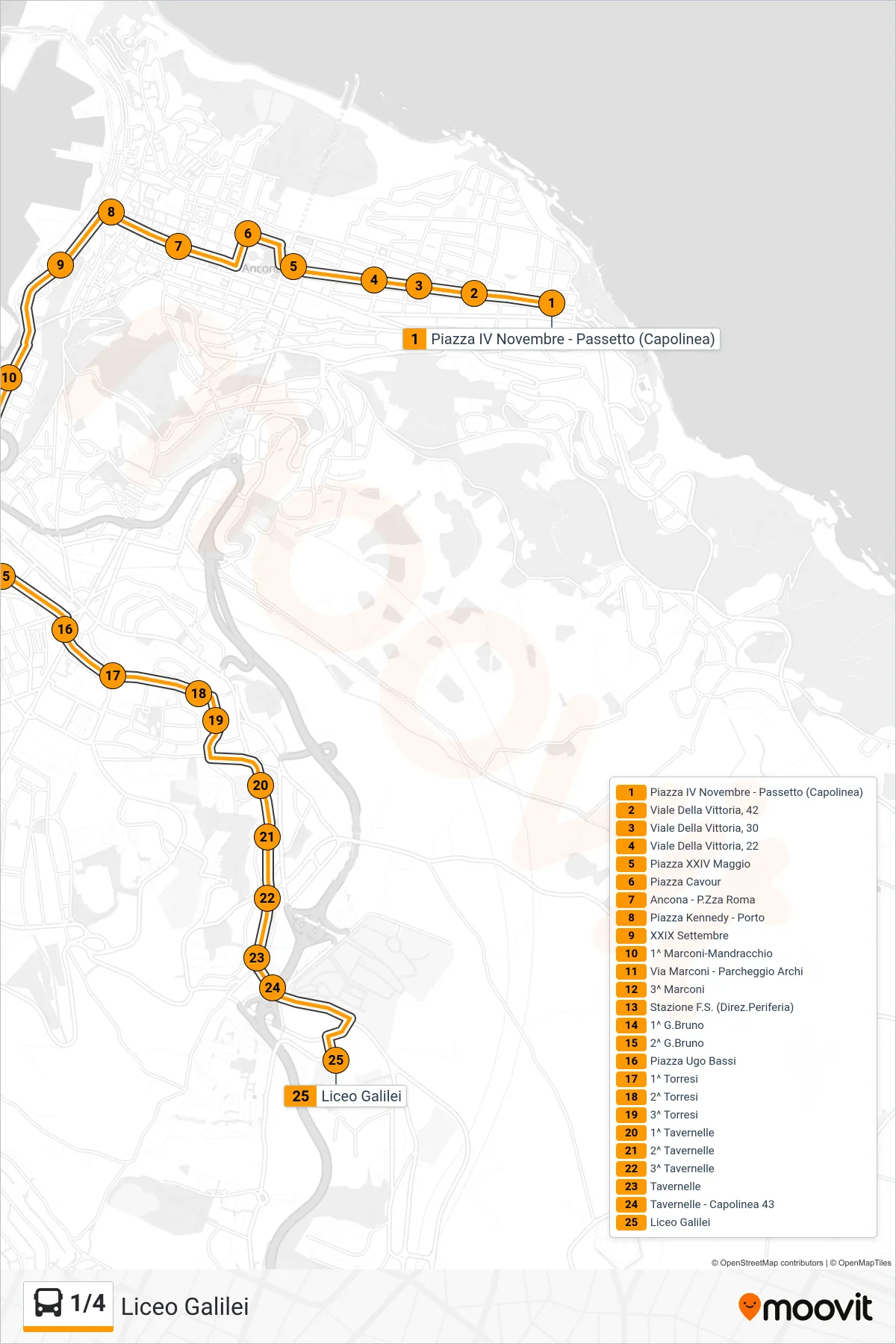 Linea 1/4 bus (Liceo Galilei) - Percorsi e fermate sulla mappa