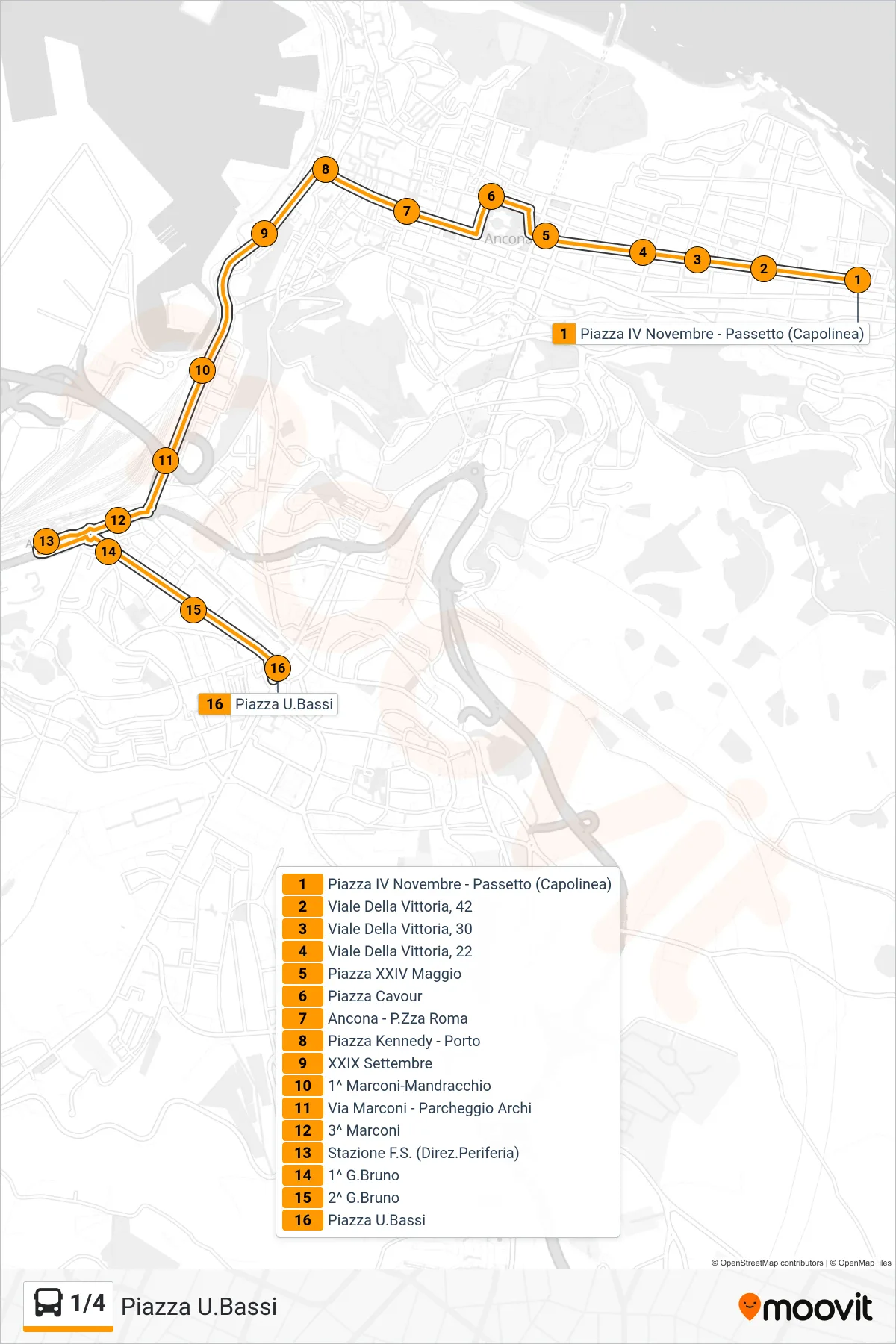 Linea 1/4  bus (Piazza U.Bassi) - Percorsi e fermate sulla mappa