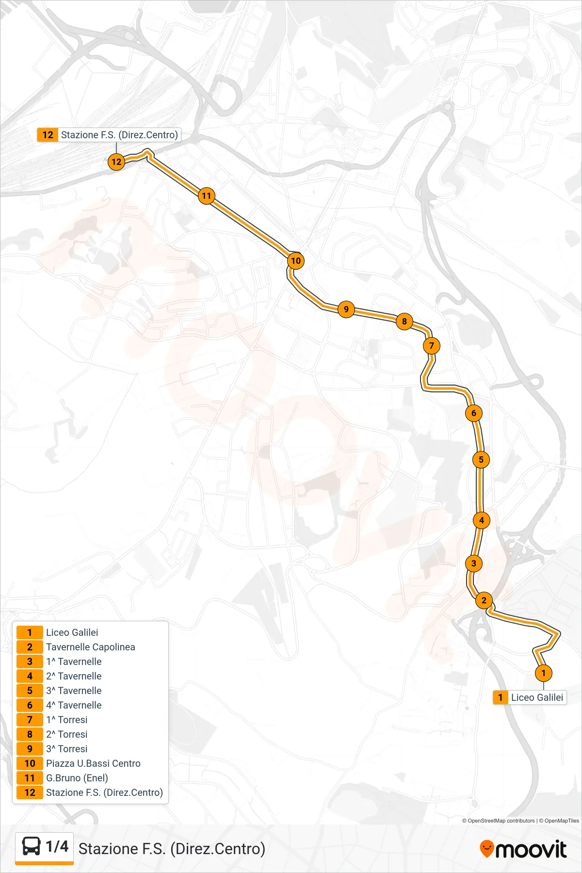 Linea 1/4  bus (Stazione F.S. (Direz.Centro)) - Percorsi e fermate sulla mappa