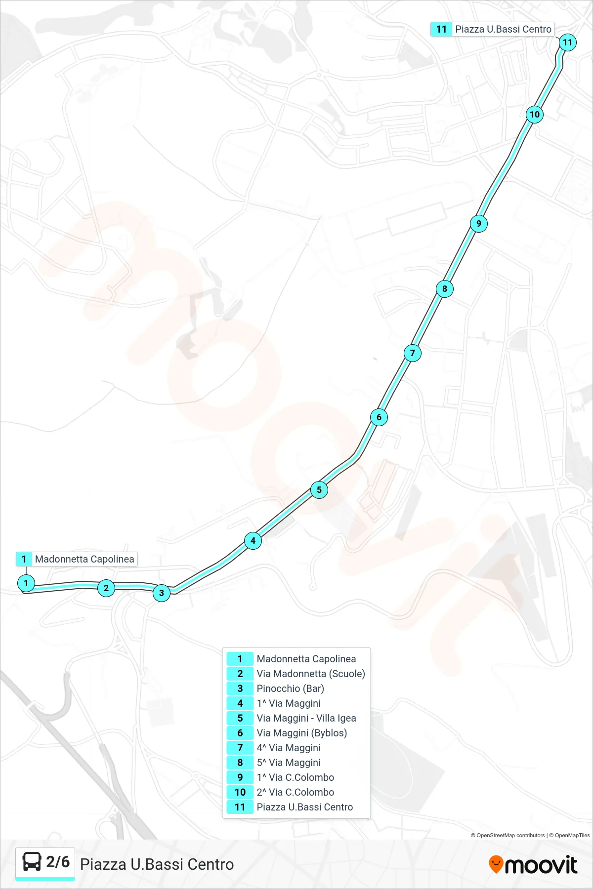 Linea 2/6 bus (Piazza U.Bassi Centro) - Percorsi e fermate sulla mappa