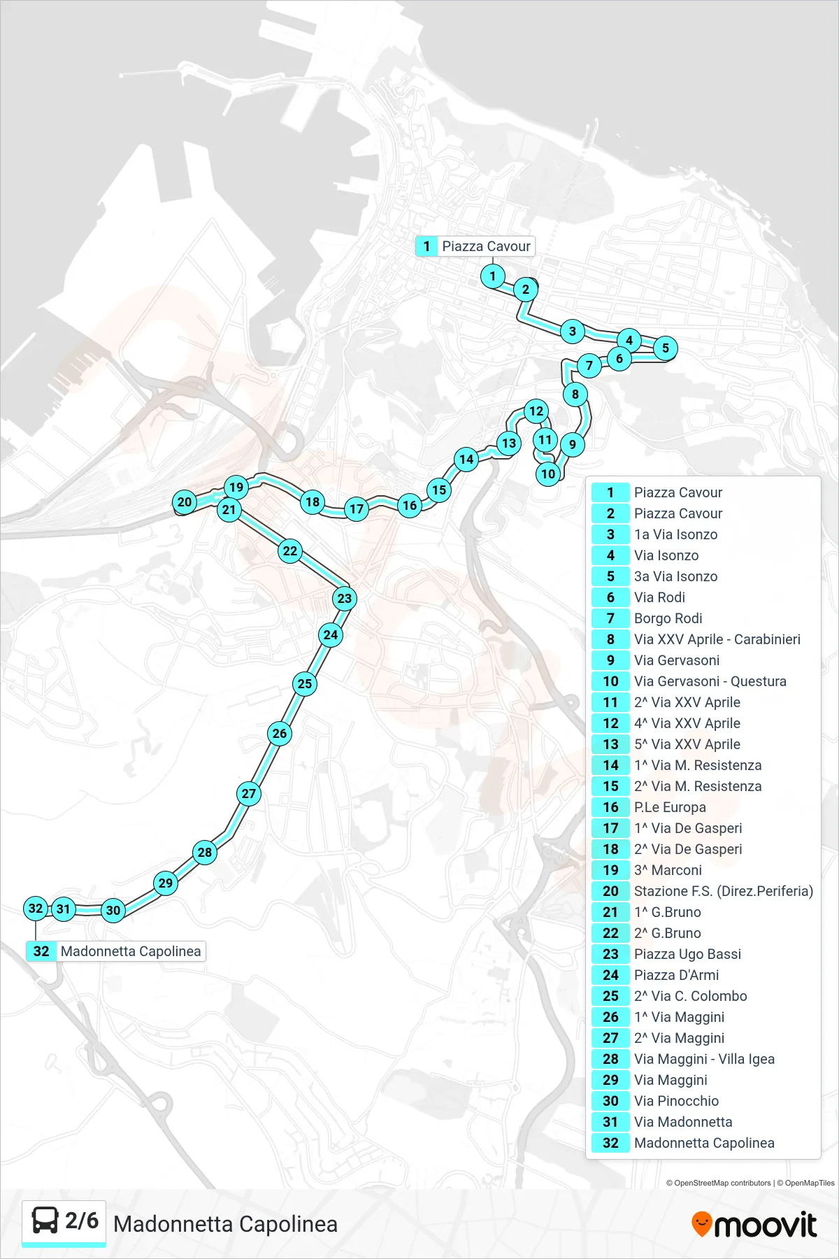Linea 2/6  bus (Madonnetta  Capolinea) - Percorsi e fermate sulla mappa