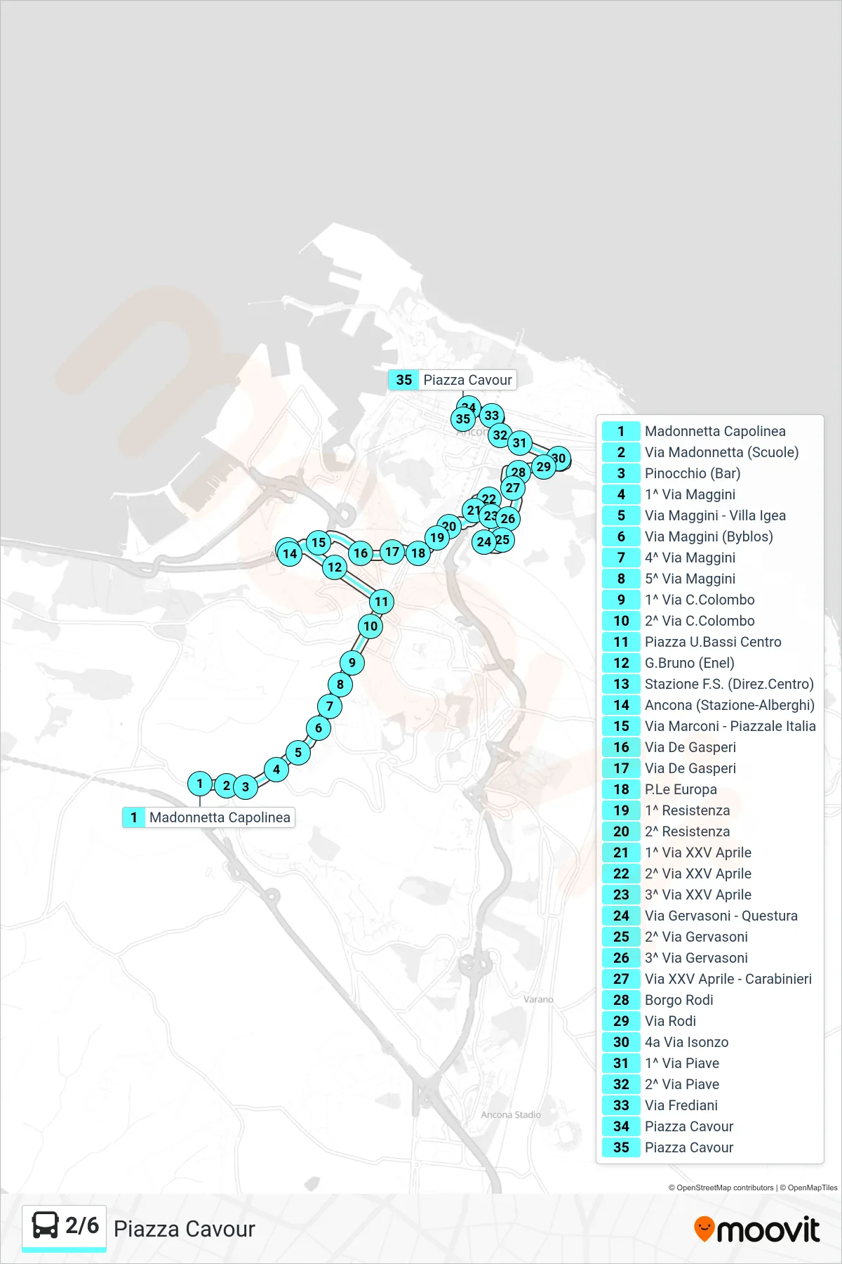Linea 2/6 bus (Piazza Cavour) - Percorsi e fermate sulla mappa