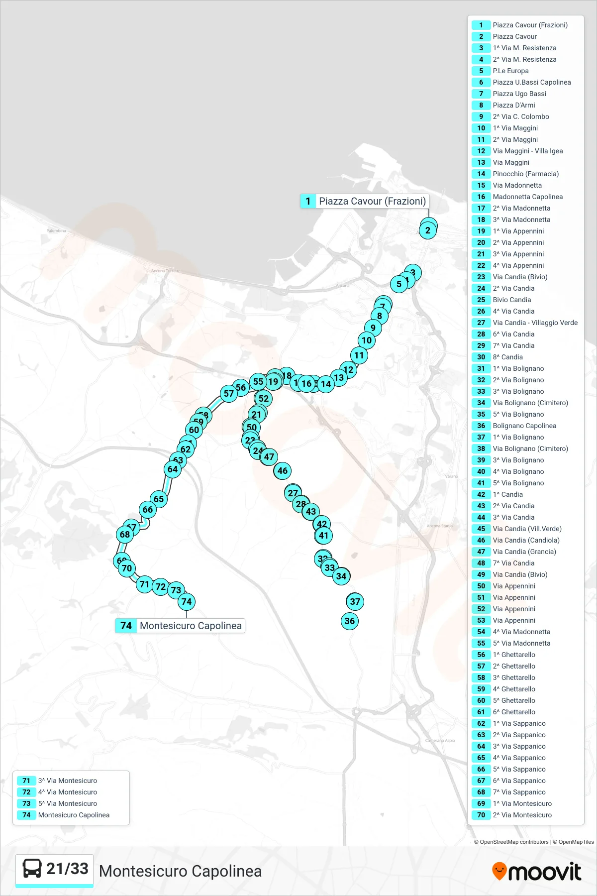 Linea 21/33 bus (Montesicuro Capolinea) - Percorsi e fermate sulla mappa