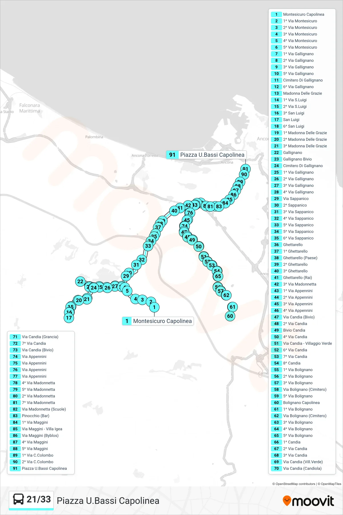 Linea 21/33 bus (Piazza U.Bassi Capolinea) - Percorsi e fermate sulla mappa