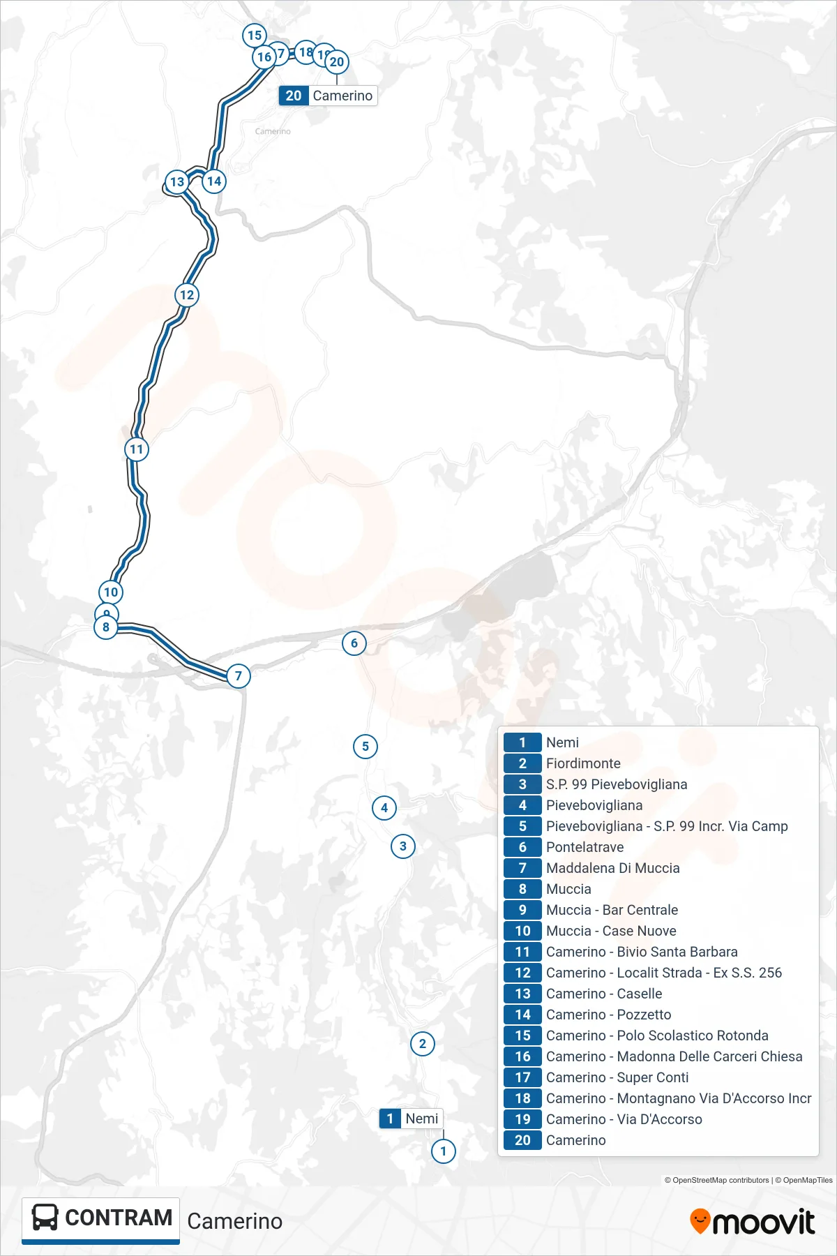 Linea CONTRAM  bus (Camerino) - Percorsi e fermate sulla mappa