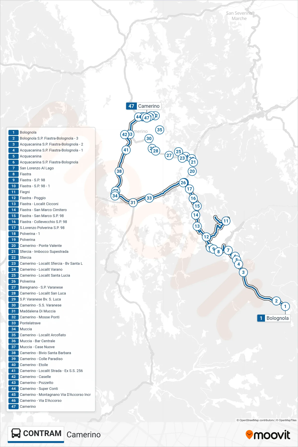 Linea CONTRAM bus (Camerino) - Percorsi e fermate sulla mappa