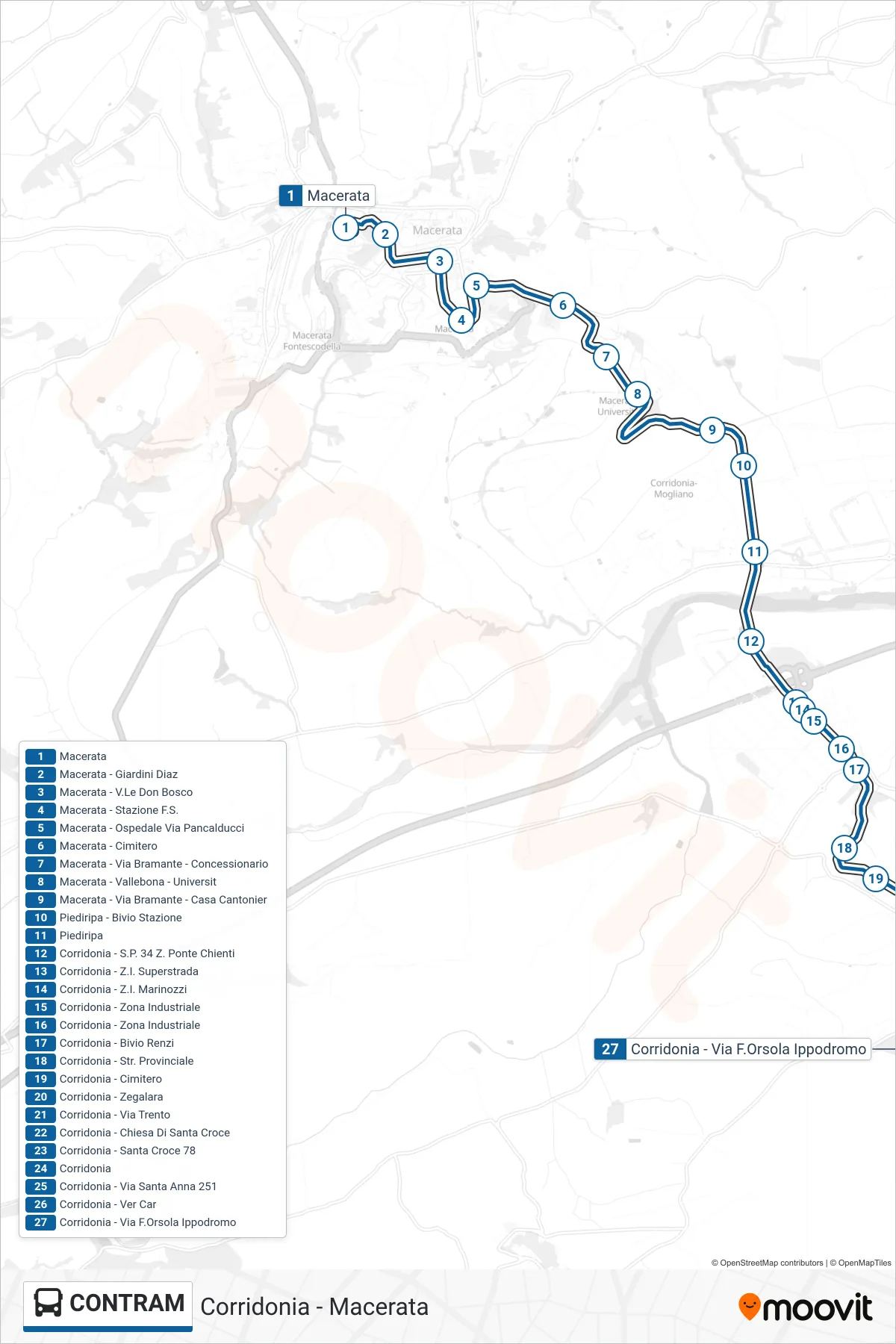 Linea CONTRAM  bus (Corridonia - Via F.Orsola Ippodromo) - Percorsi e fermate sulla mappa
