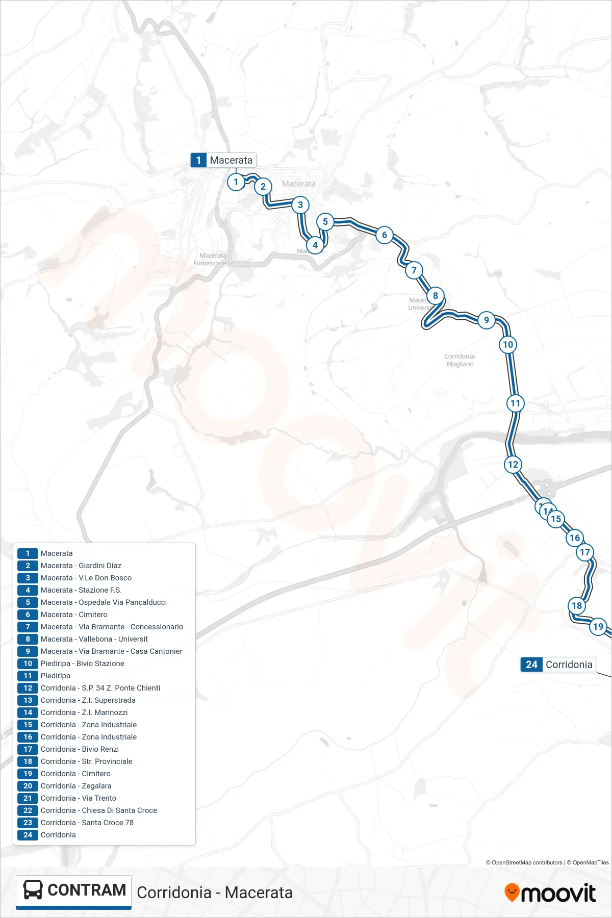 Linea CONTRAM bus (Corridonia) - Percorsi e fermate sulla mappa