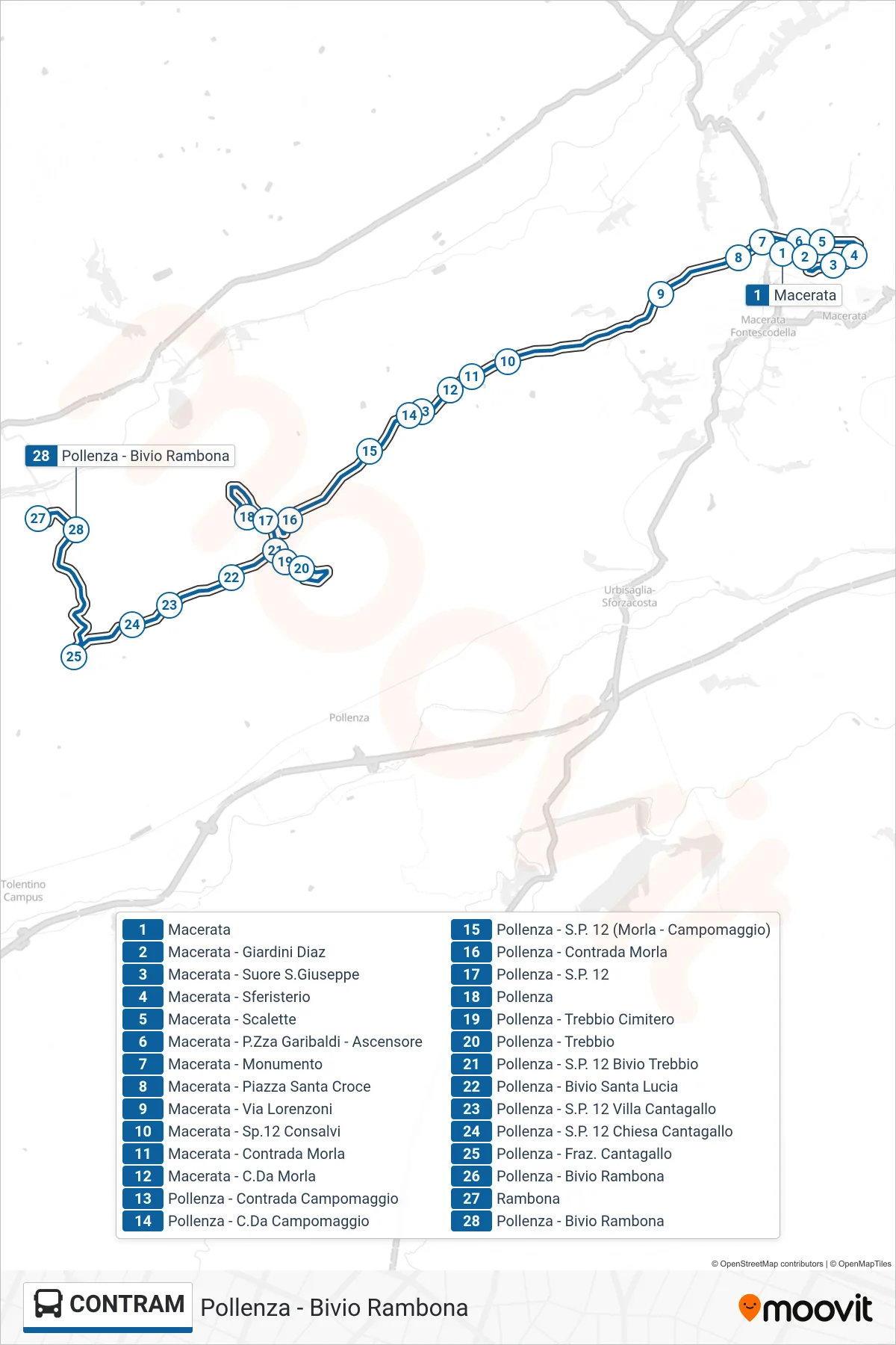 Linea CONTRAM bus (Pollenza - Bivio Rambona) - Percorsi e fermate sulla mappa