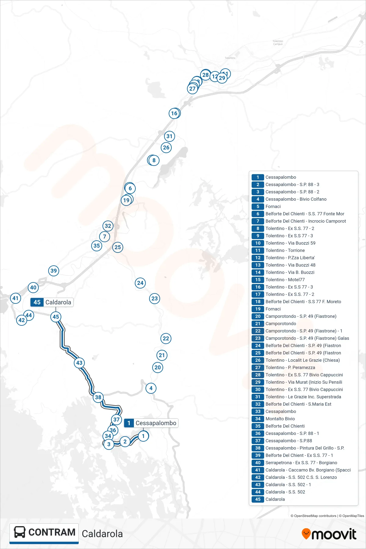 Linea CONTRAM bus (Caldarola) - Percorsi e fermate sulla mappa