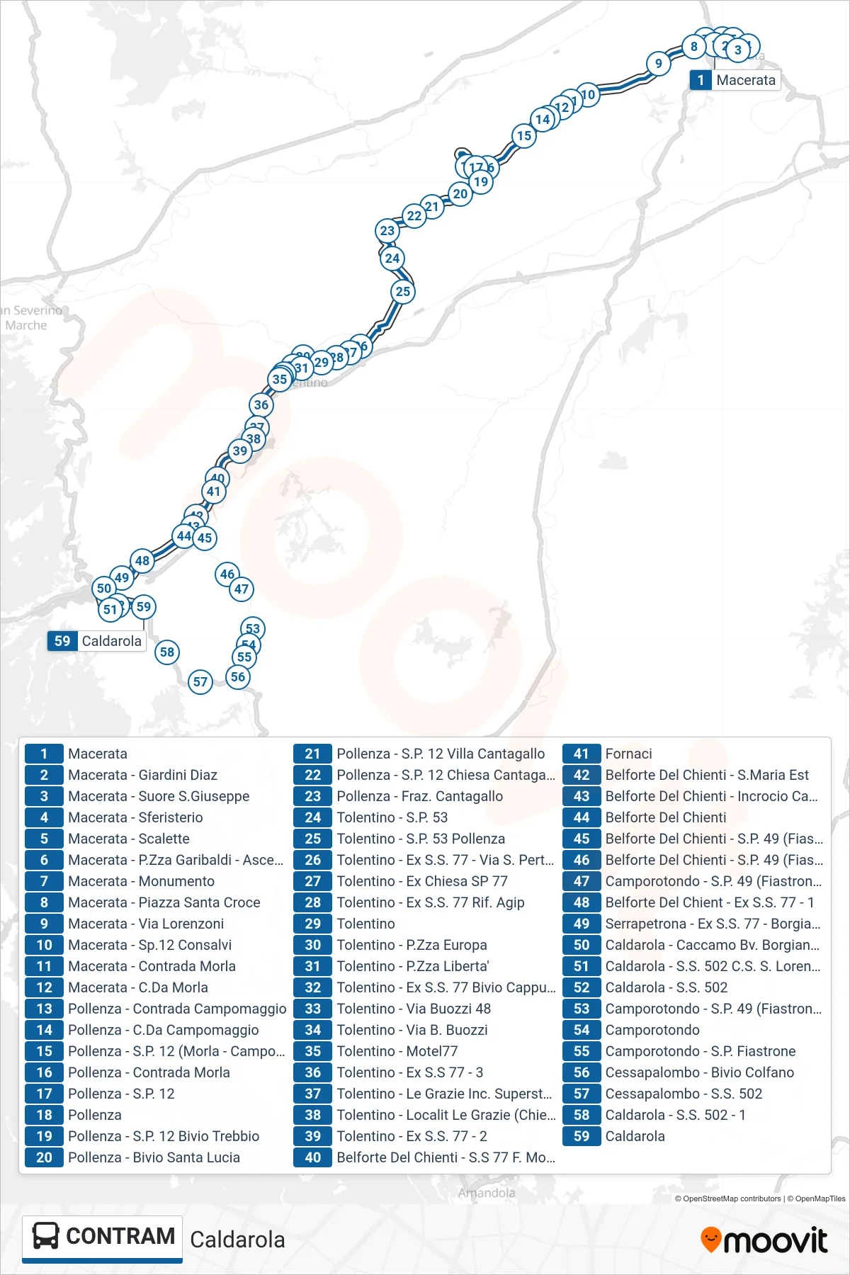 Linea CONTRAM  bus (Caldarola) - Percorsi e fermate sulla mappa
