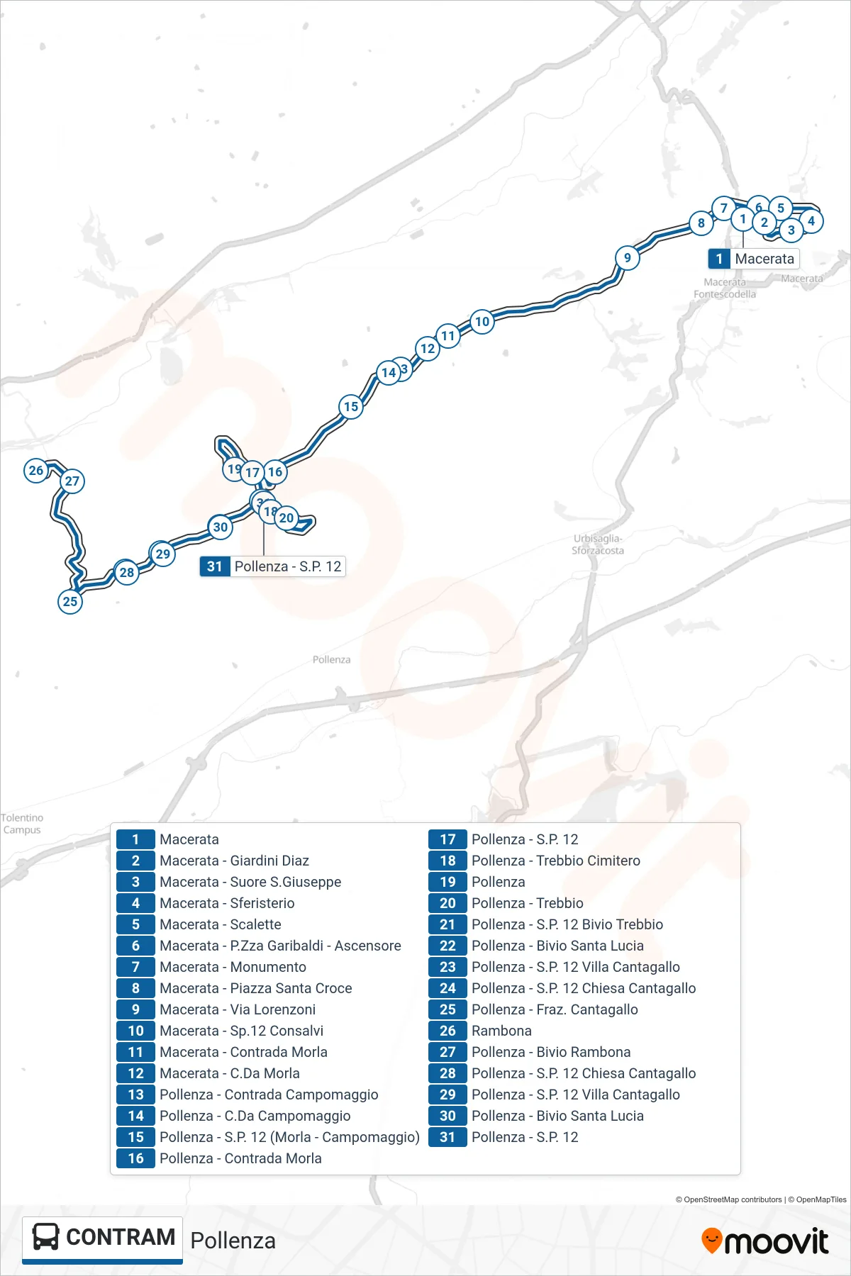 Linea CONTRAM  bus (Pollenza) - Percorsi e fermate sulla mappa