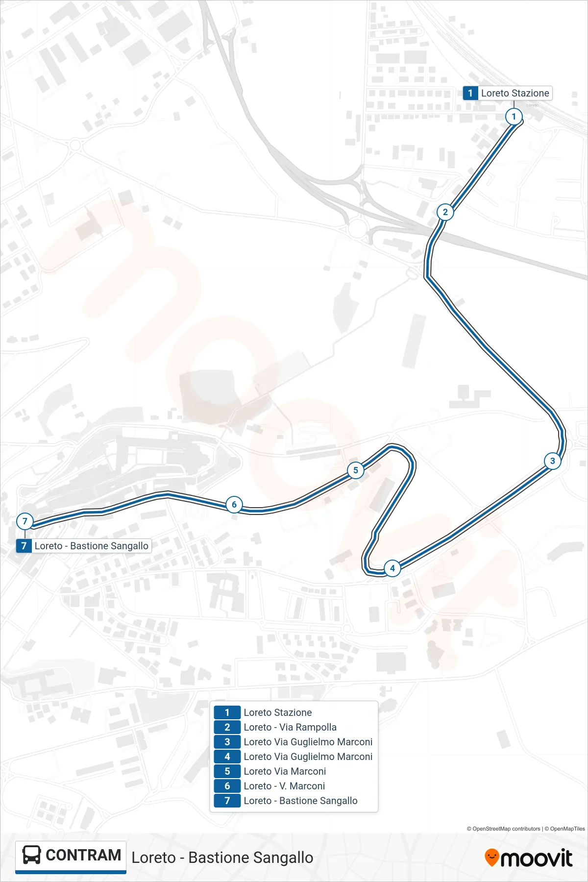 CONTRAM bus Line (Loreto - Sangallo Bastion) route and stops on a map