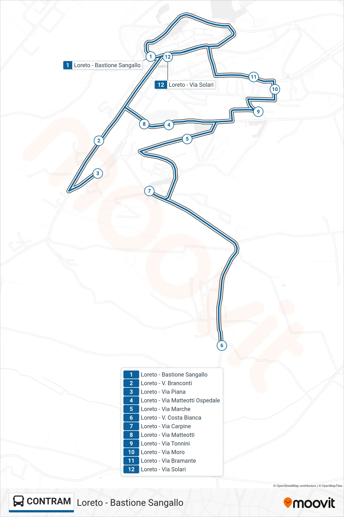 Linea CONTRAM bus (Loreto - Bastione Sangallo) - Percorsi e fermate sulla mappa