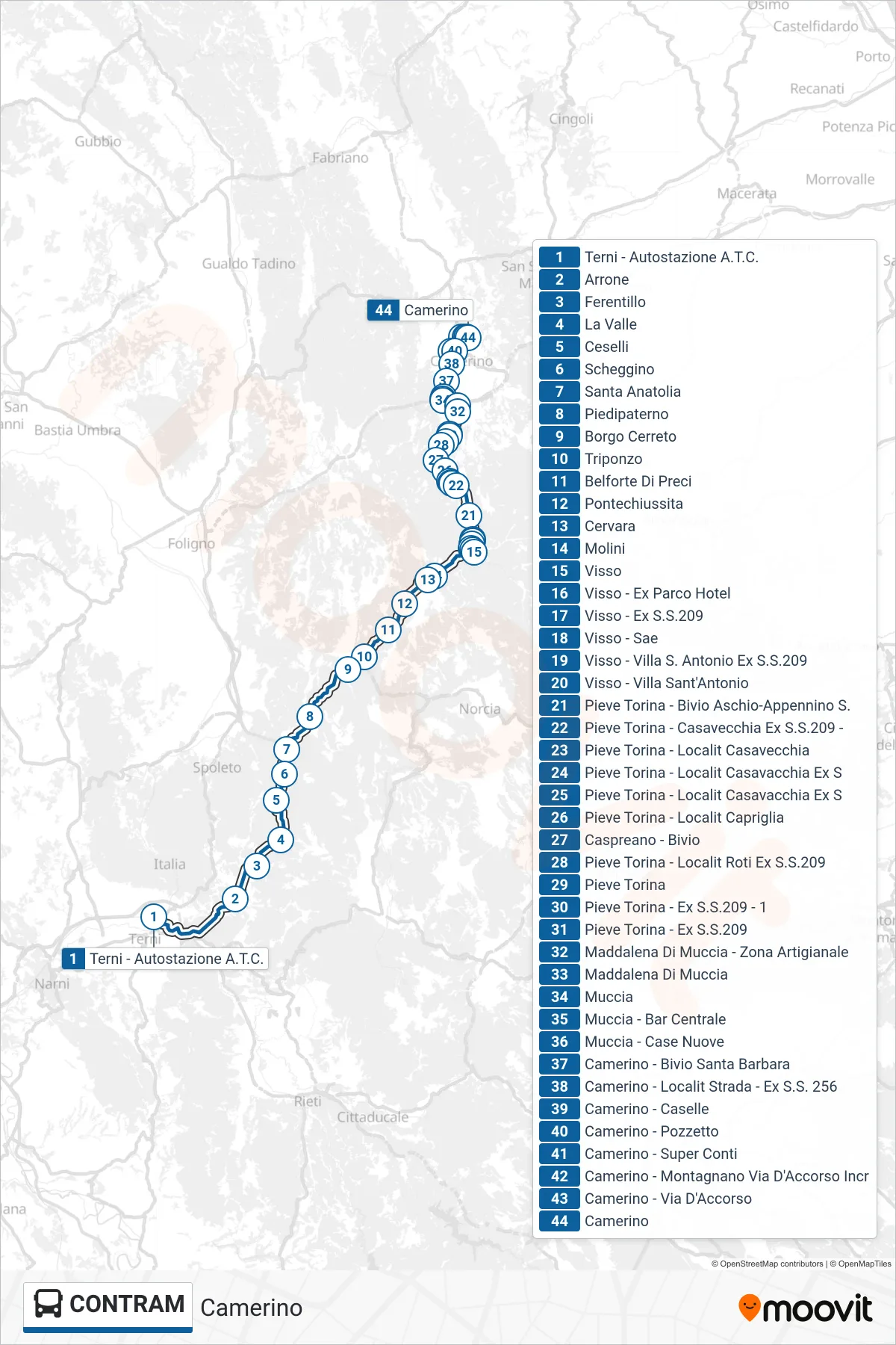 Linea CONTRAM  bus (Camerino) - Percorsi e fermate sulla mappa