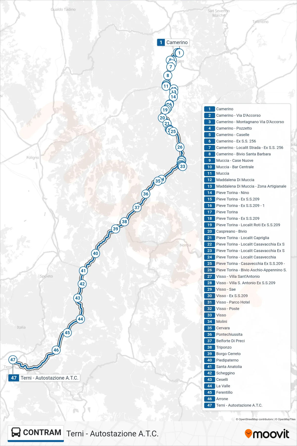 Linea CONTRAM  bus (Terni - Autostazione A.T.C.) - Percorsi e fermate sulla mappa