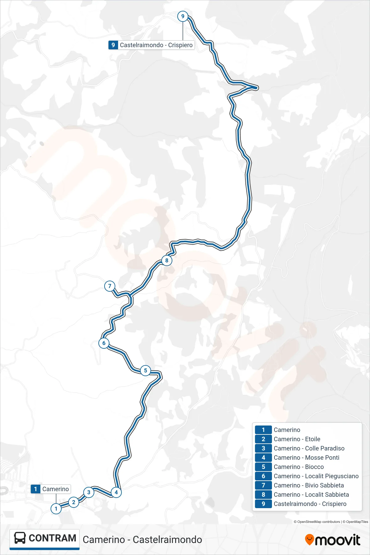 Linea CONTRAM bus (Castelraimondo - Crispiero) - Percorsi e fermate sulla mappa