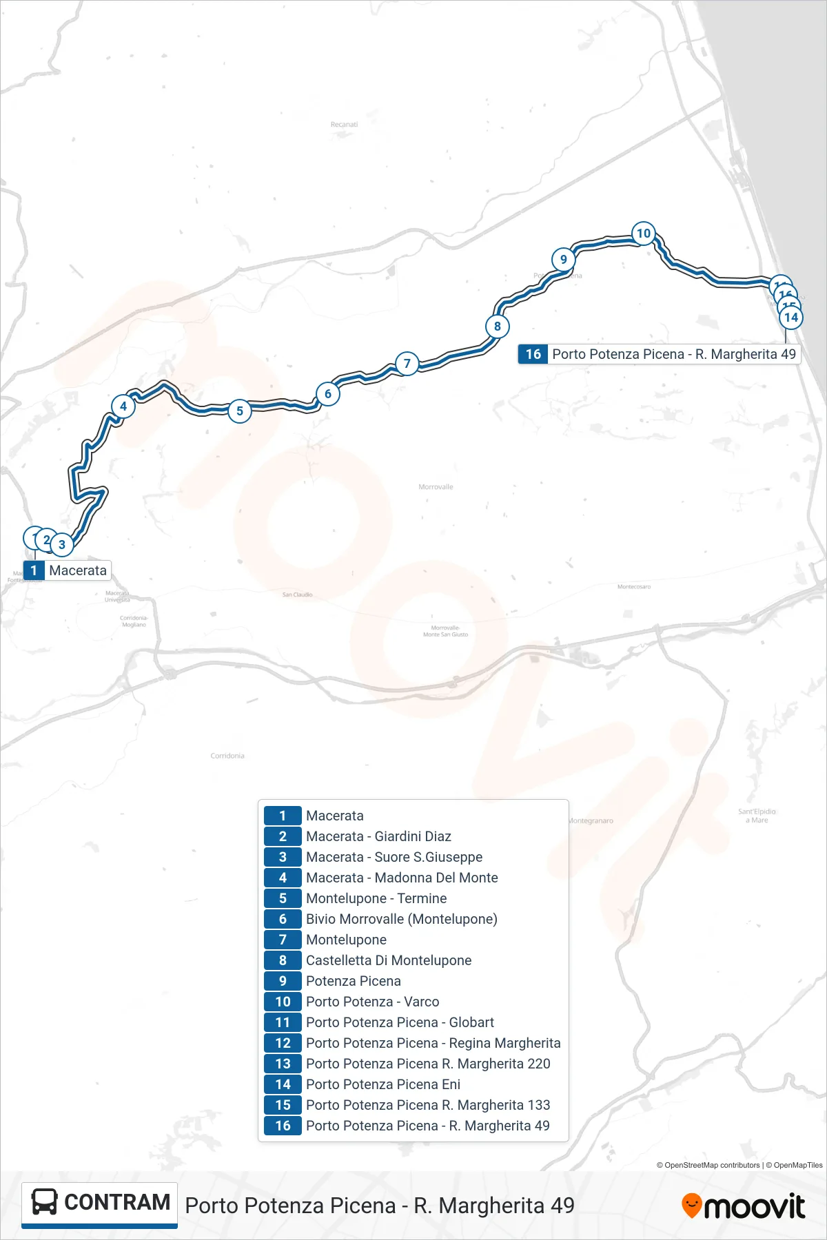 Linea CONTRAM bus (Porto Potenza Picena - R. Margherita 49) - Percorsi e fermate sulla mappa