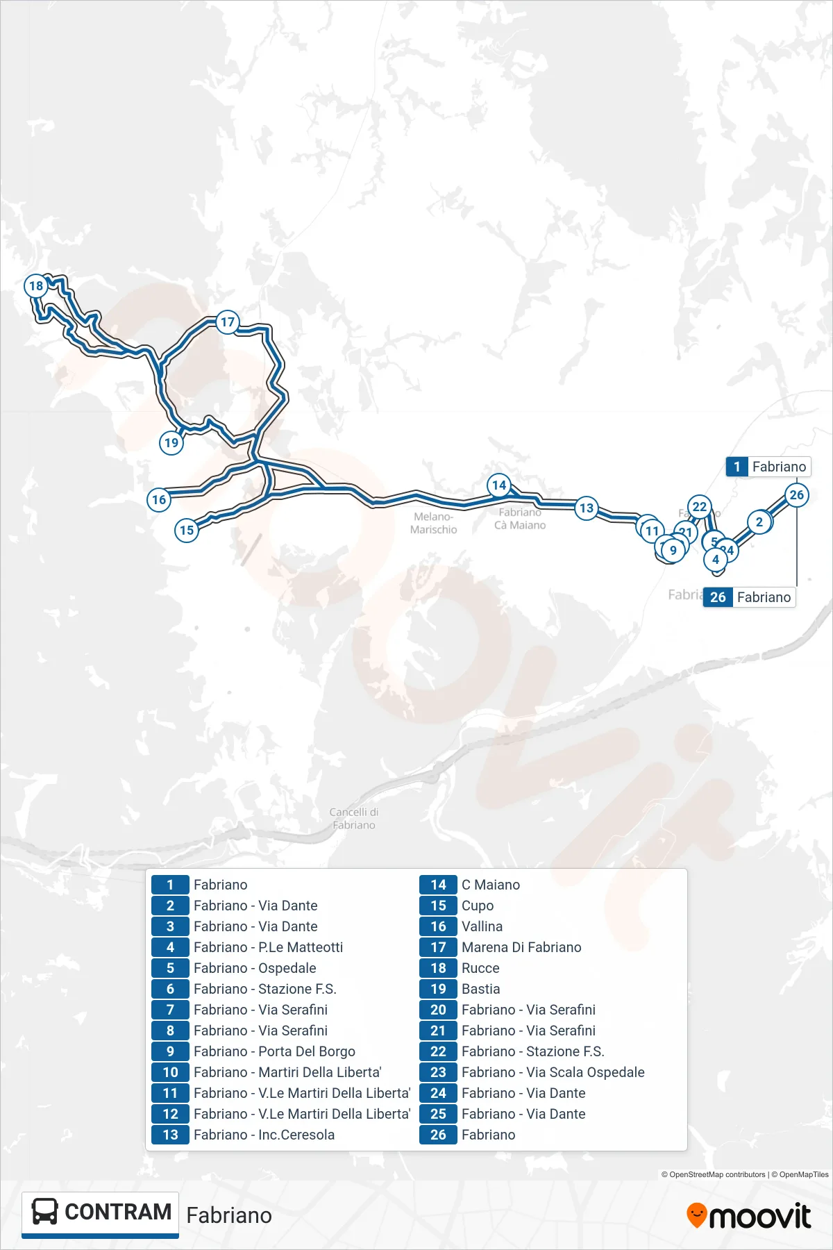 Linea CONTRAM bus (Fabriano) - Percorsi e fermate sulla mappa