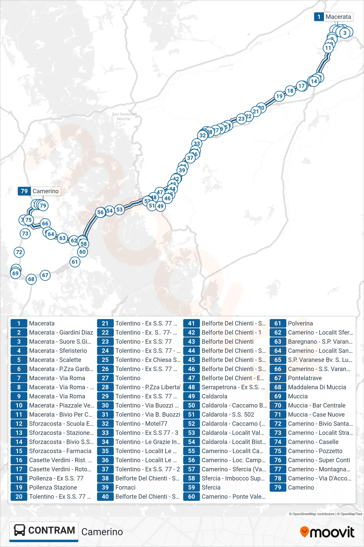 Linea CONTRAM bus (Camerino) - Percorsi e fermate sulla mappa