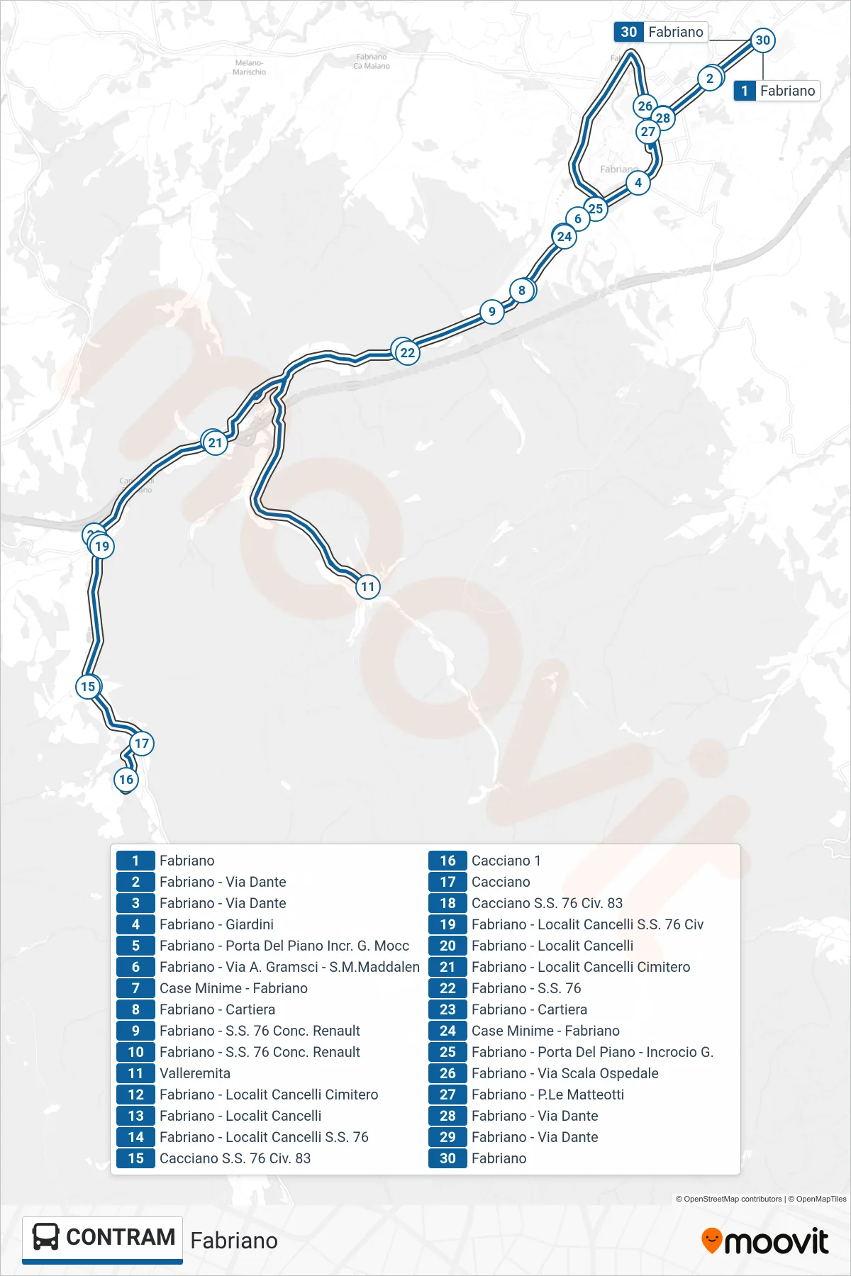 Linea CONTRAM bus (Fabriano) - Percorsi e fermate sulla mappa