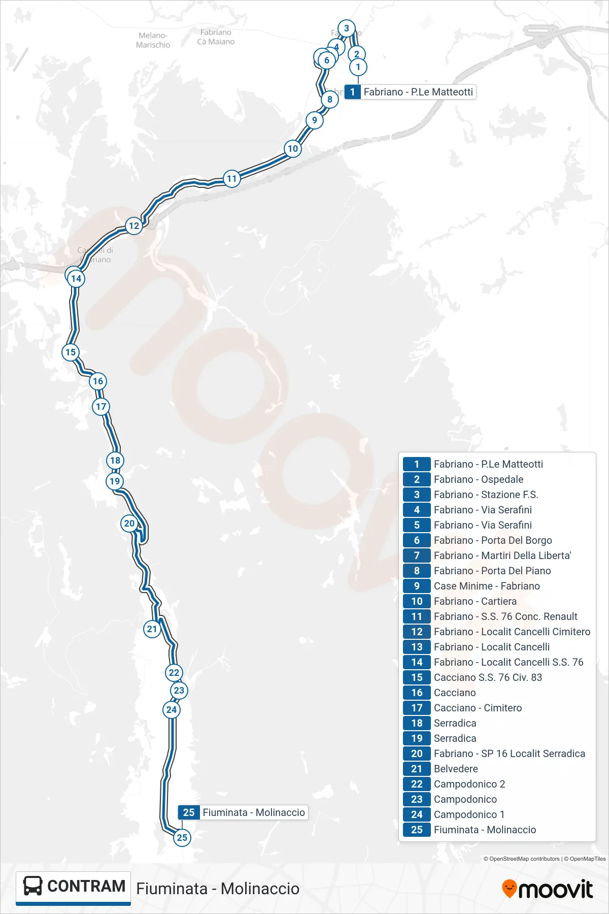 Linea CONTRAM bus (Fiuminata - Molinaccio) - Percorsi e fermate sulla mappa