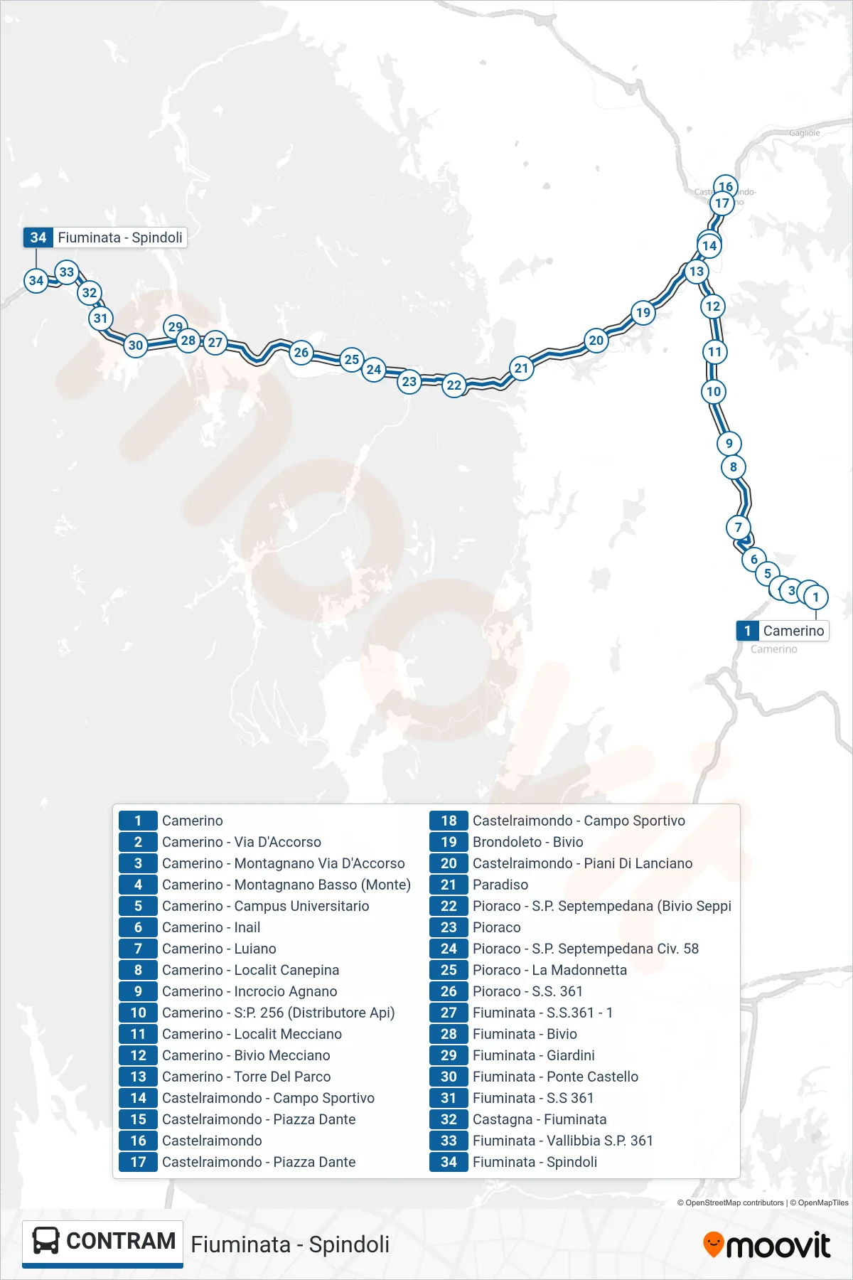 Linea CONTRAM bus (Fiuminata - Spindoli) - Percorsi e fermate sulla mappa