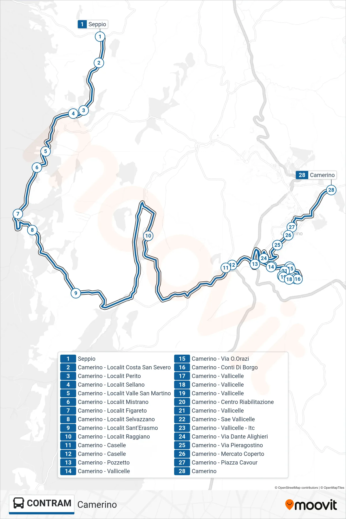 Linea CONTRAM  bus (Camerino) - Percorsi e fermate sulla mappa