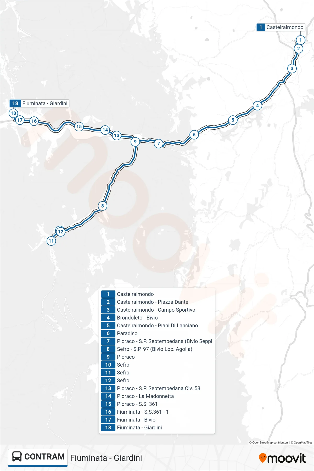 Linea CONTRAM  bus (Fiuminata - Giardini) - Percorsi e fermate sulla mappa