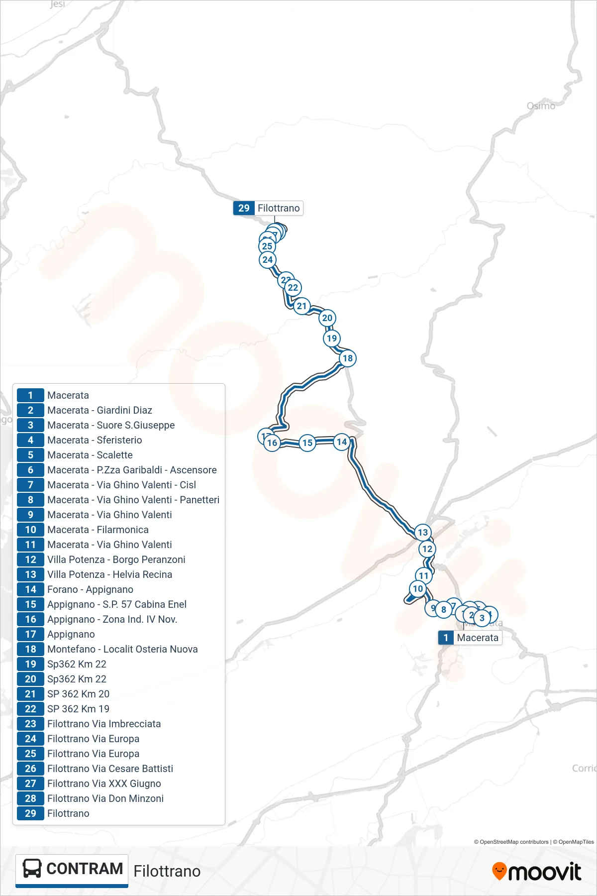 Linea CONTRAM  bus (Filottrano) - Percorsi e fermate sulla mappa