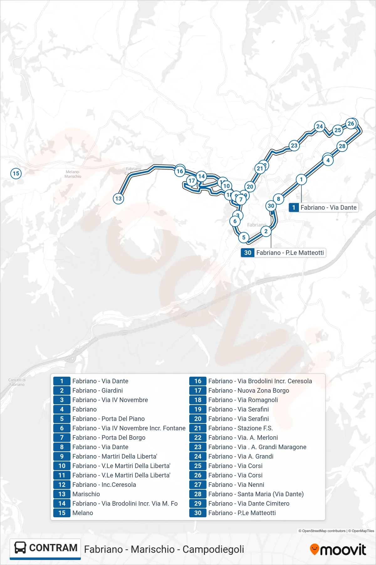 Linea CONTRAM  bus (Fabriano  - P.Le Matteotti) - Percorsi e fermate sulla mappa