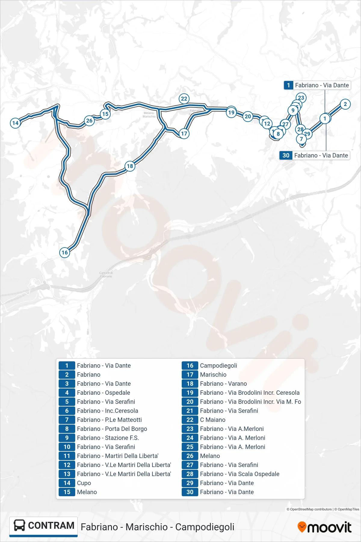Linea CONTRAM bus (Fabriano) - Percorsi e fermate sulla mappa
