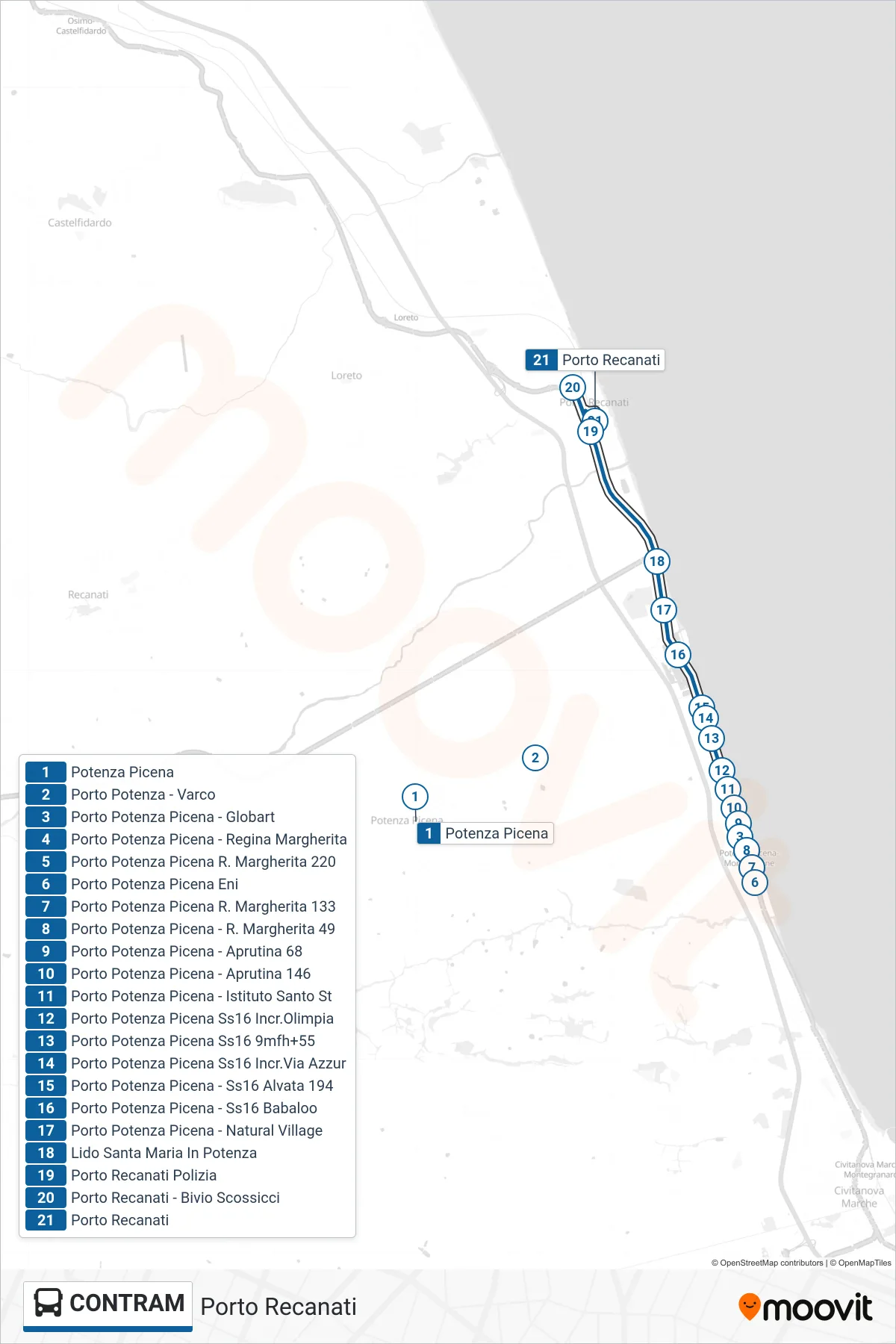 Linea CONTRAM bus (Porto Recanati) - Percorsi e fermate sulla mappa