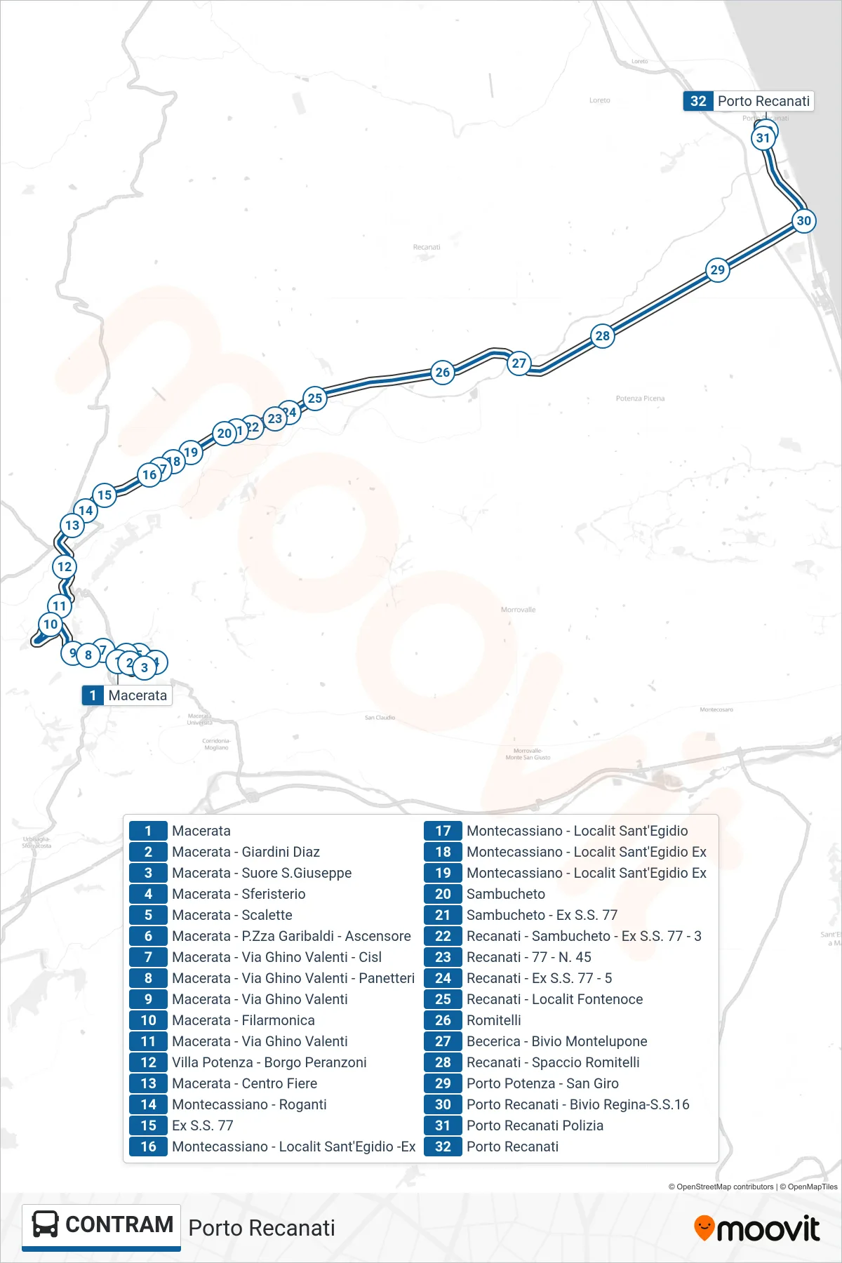 Linea CONTRAM  bus (Porto Recanati) - Percorsi e fermate sulla mappa