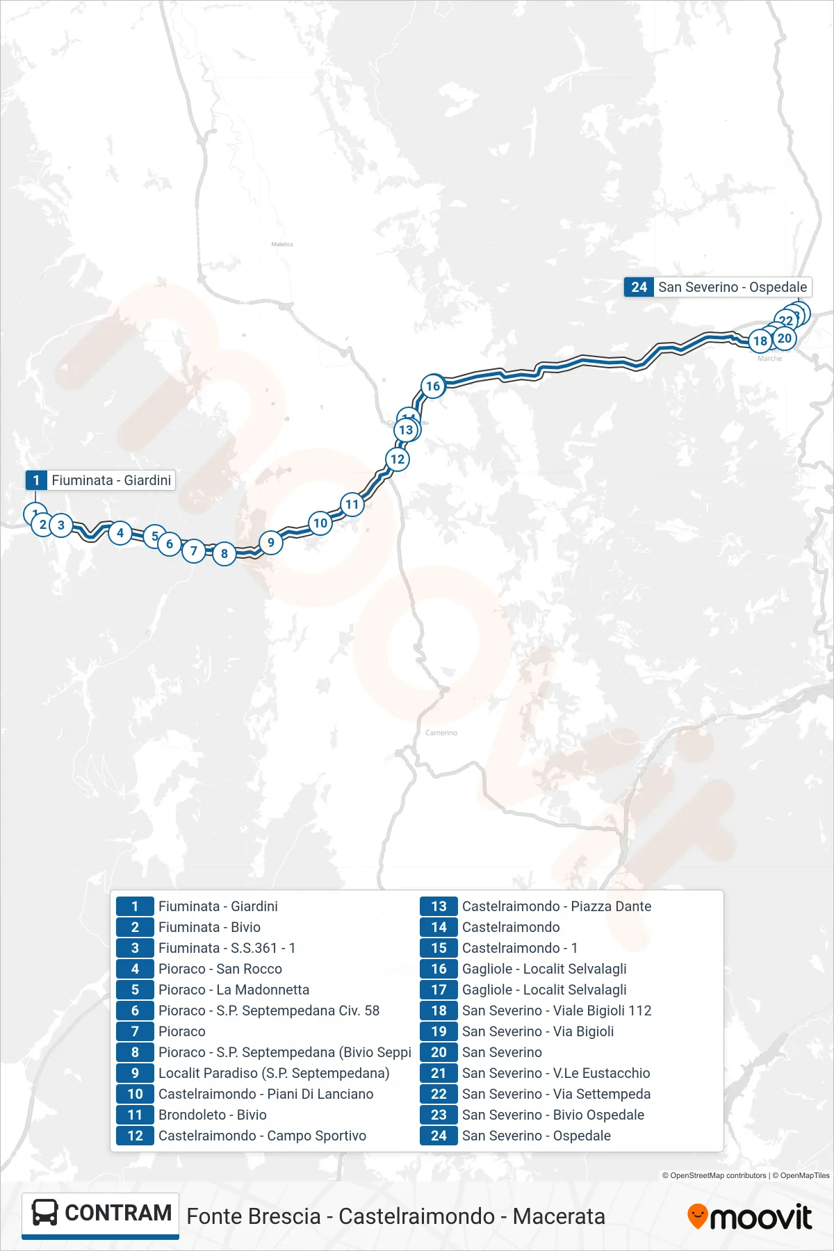 Linea CONTRAM bus (San Severino - Ospedale) - Percorsi e fermate sulla mappa