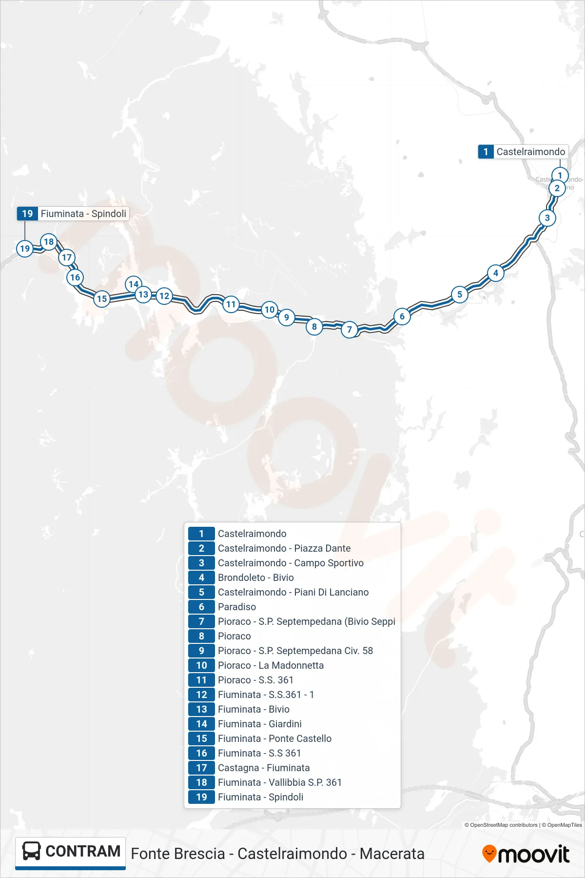 Linea CONTRAM bus (Fiuminata - Spindoli) - Percorsi e fermate sulla mappa