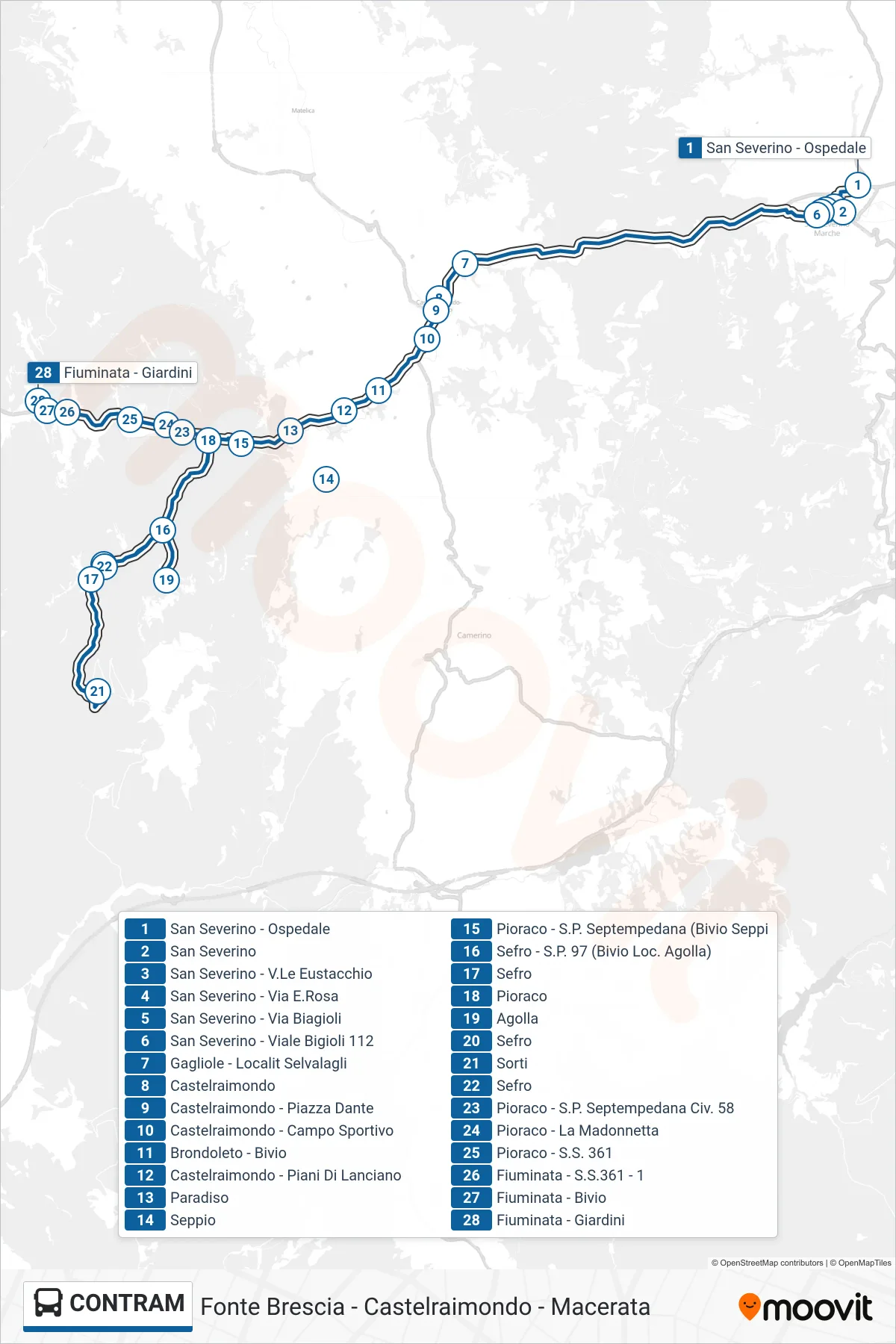 Linea CONTRAM bus (Fiuminata - Giardini) - Percorsi e fermate sulla mappa