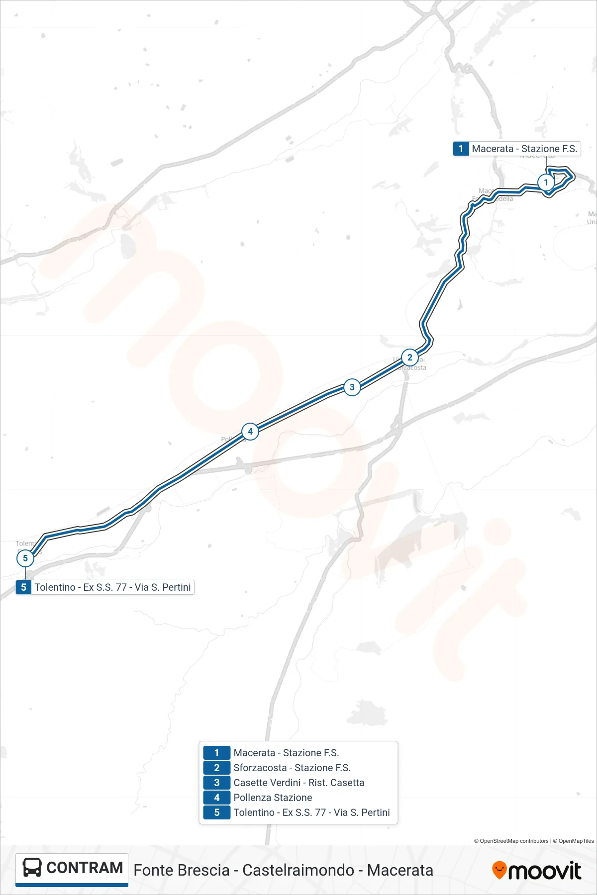 Linea CONTRAM bus (Tolentino - Ex S.S. 77 - Via S. Pertini) - Percorsi e fermate sulla mappa