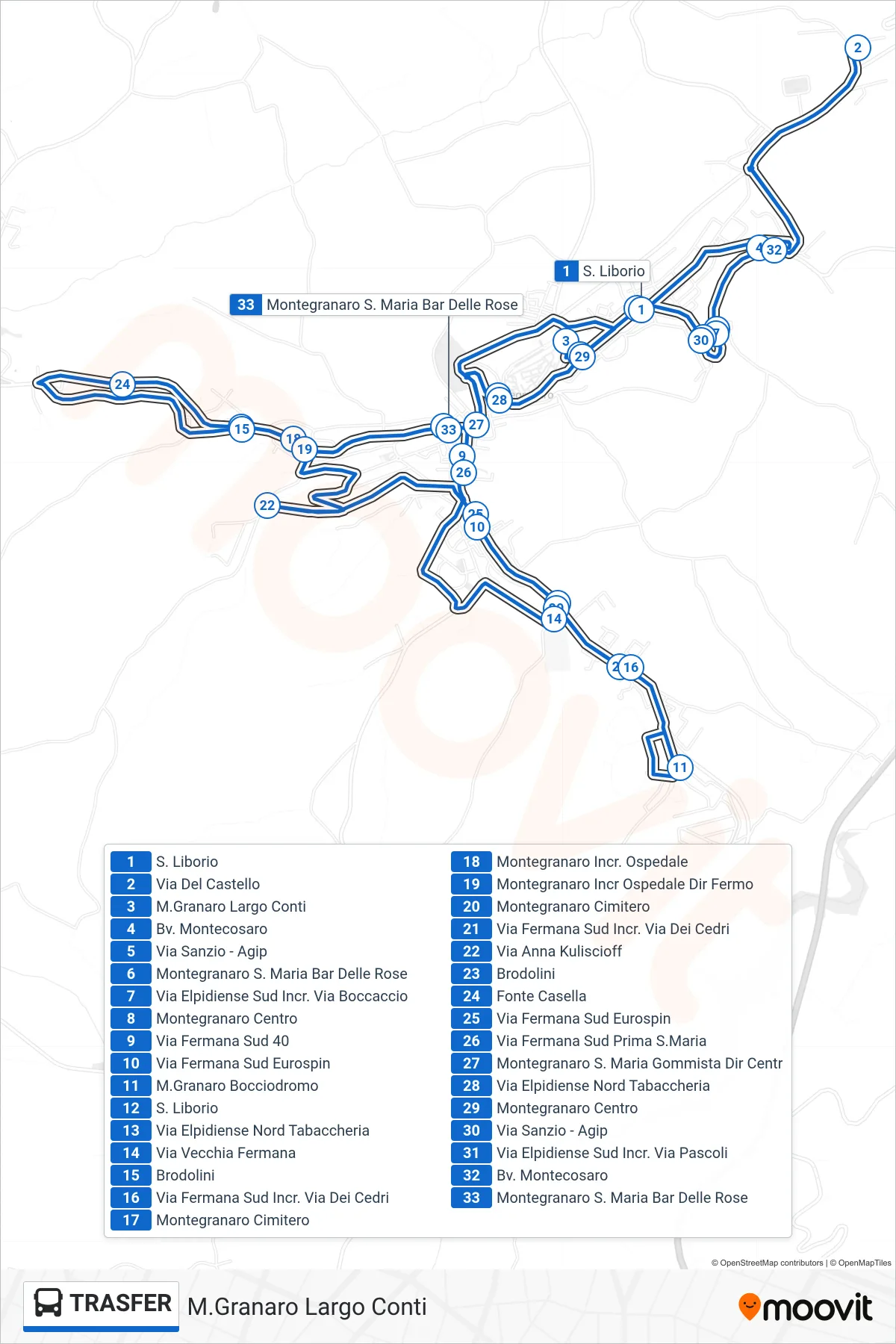 Linea TRASFER bus (M.Granaro Largo Conti) - Percorsi e fermate sulla mappa