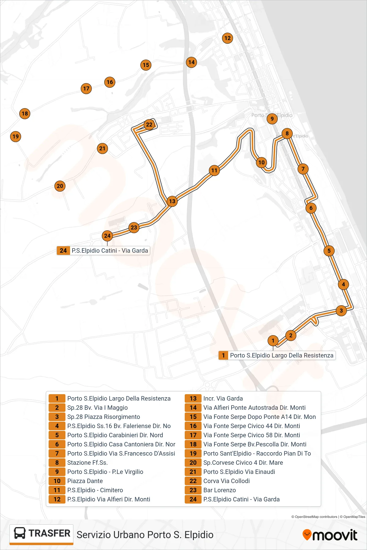 Linea TRASFER bus (P.S.Elpidio Catini - Via Garda) - Percorsi e fermate sulla mappa