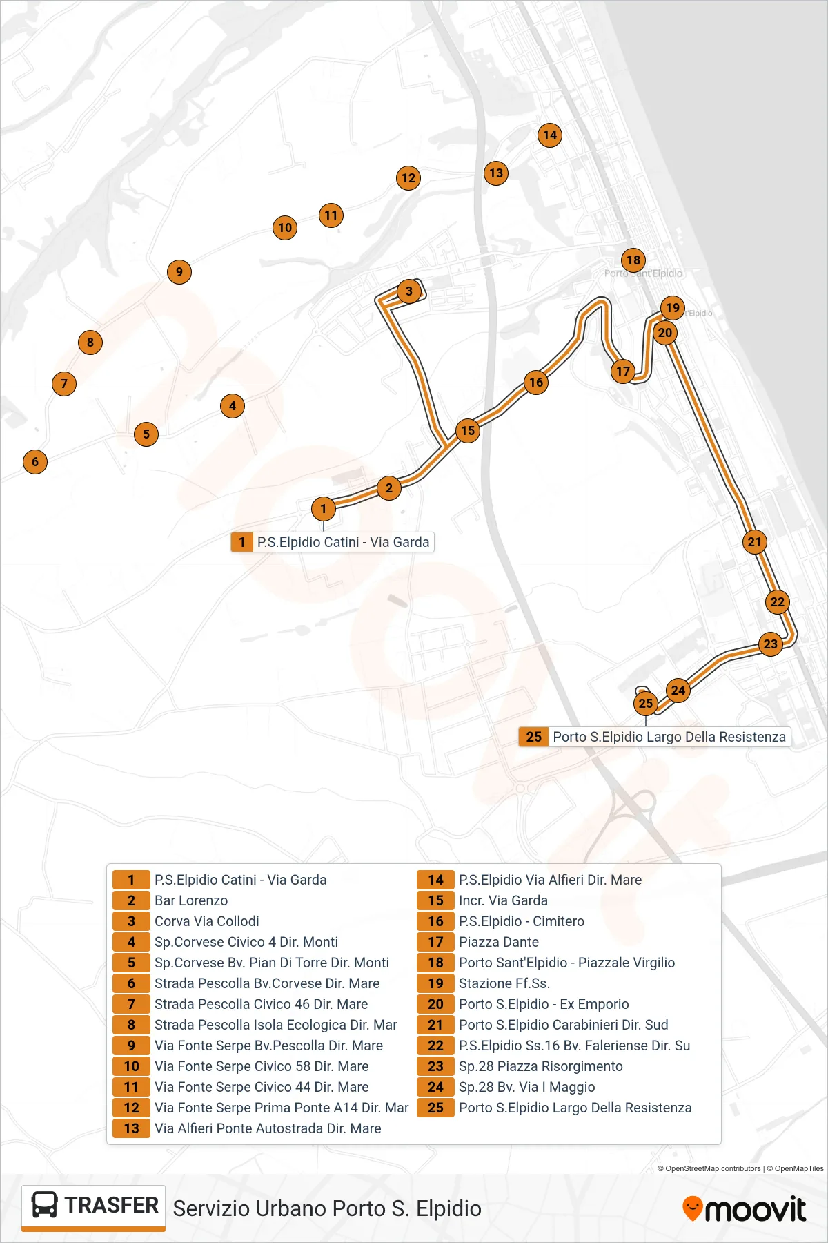 Linea TRASFER  bus (Porto S.Elpidio Largo Della Resistenza) - Percorsi e fermate sulla mappa